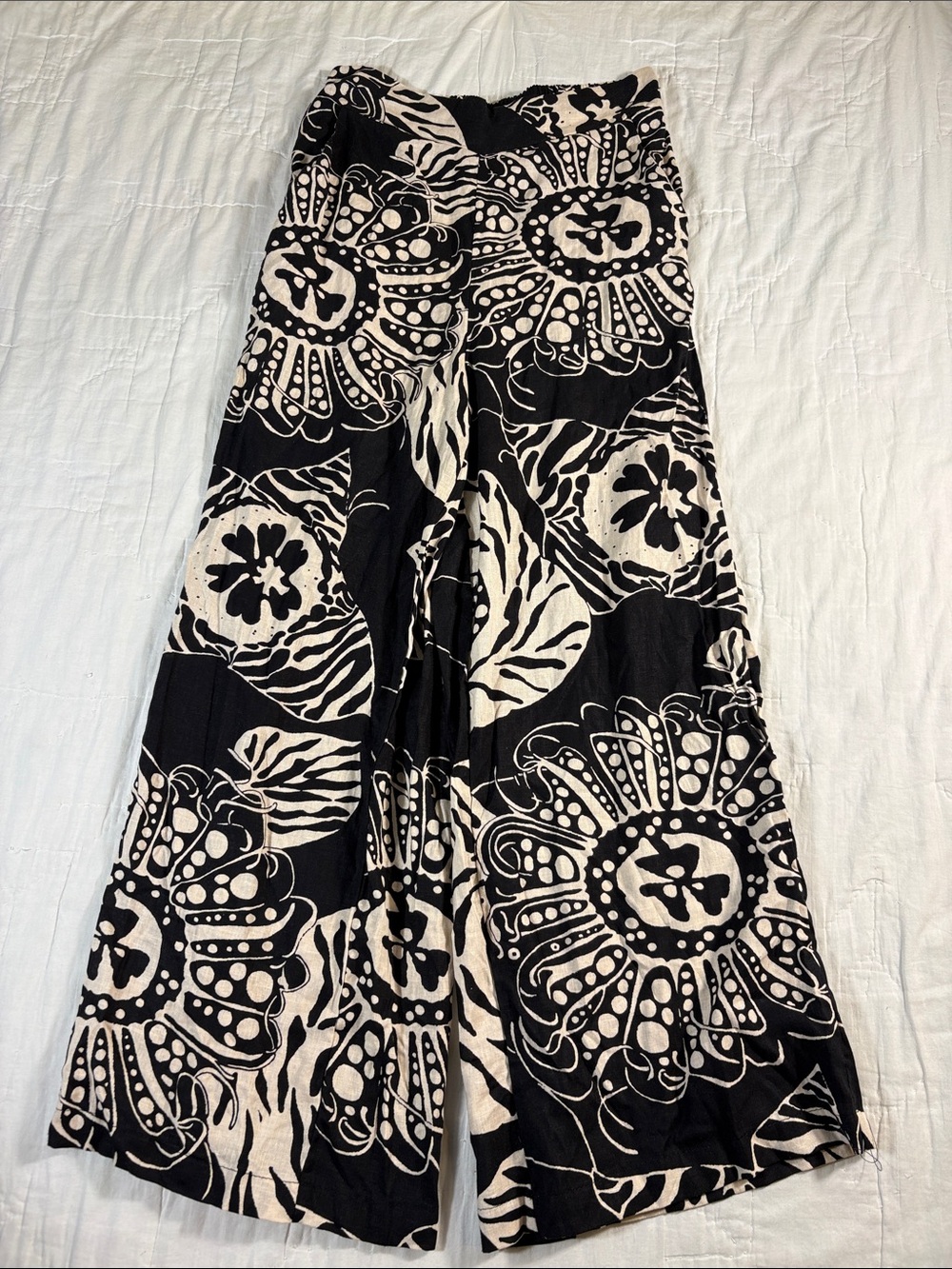 Christian Siriano New York Black Cream Floral Linen Wide Leg Resort Pants Sm NWT